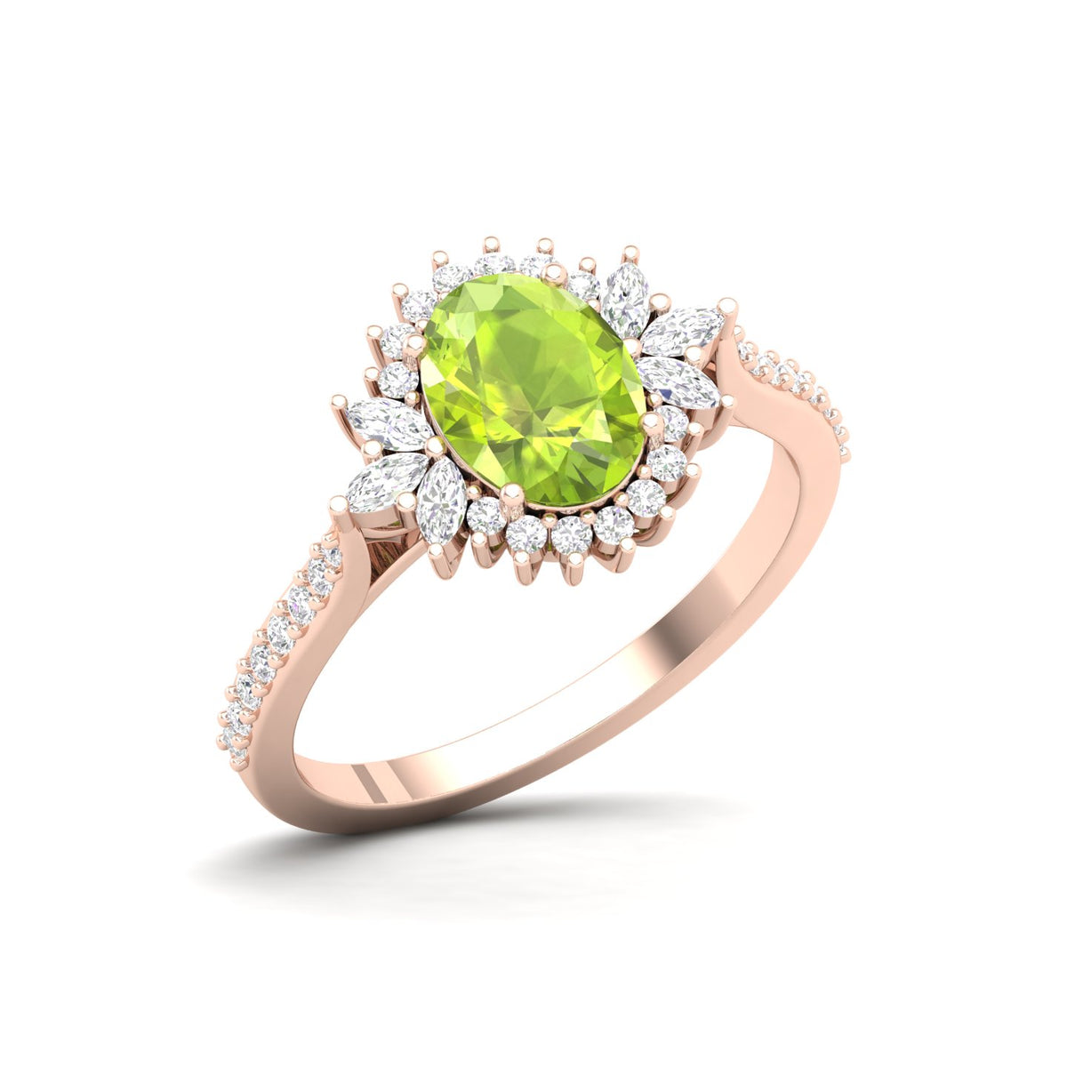 Maurya Solitaire Green Melon Peridot Engagement Ring with Accent Marquise Diamonds
