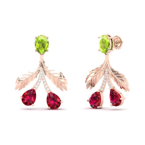 Maurya Plum Cluster Peridot Drop Earrings with Ruby and Diamonds