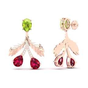Maurya Plum Cluster Peridot Drop Earrings with Ruby and Diamonds