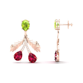 Maurya Plum Cluster Peridot Drop Earrings with Ruby and Diamonds