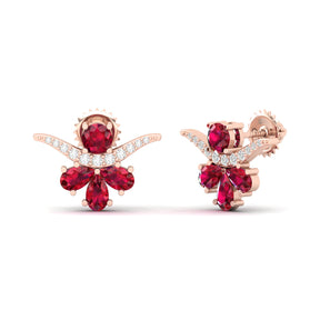 Maurya Bull Horn Ruby Push Back Earrings with Diamonds