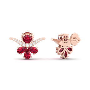 Maurya Bull Horn Ruby Push Back Earrings with Diamonds