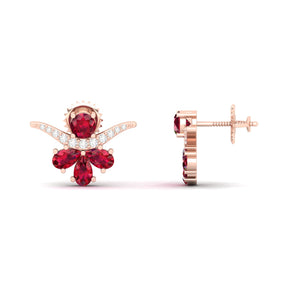 Maurya Bull Horn Ruby Push Back Earrings with Diamonds