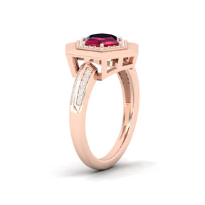Maurya Honeydew Hexagon Solitaire Ruby Engagement Ring with Diamond Halo