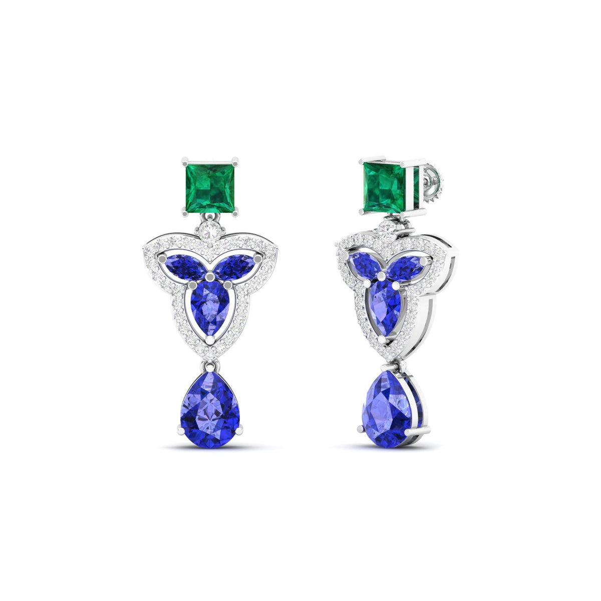 Maurya Water Moss Tanzanite Drop Earrings with Emerald and Diamonds