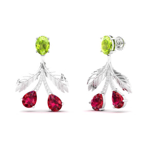Maurya Plum Cluster Peridot Drop Earrings with Ruby and Diamonds