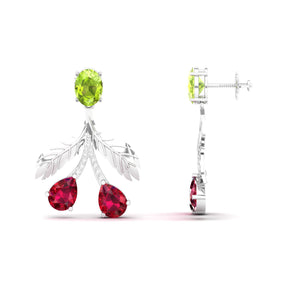 Maurya Plum Cluster Peridot Drop Earrings with Ruby and Diamonds