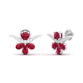 Maurya Bull Horn Ruby Push Back Earrings with Diamonds
