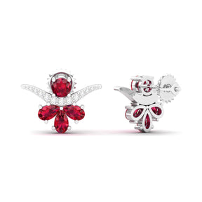 Maurya Bull Horn Ruby Push Back Earrings with Diamonds