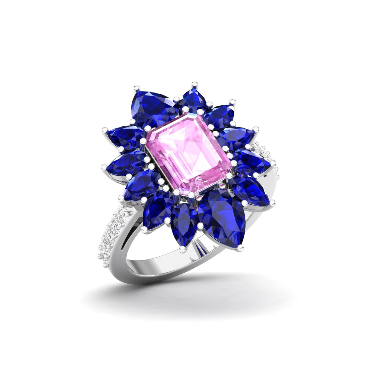 Maurya Solitaire Pink Amethyst Big Pollen Engagement Ring with Sapphire Halo