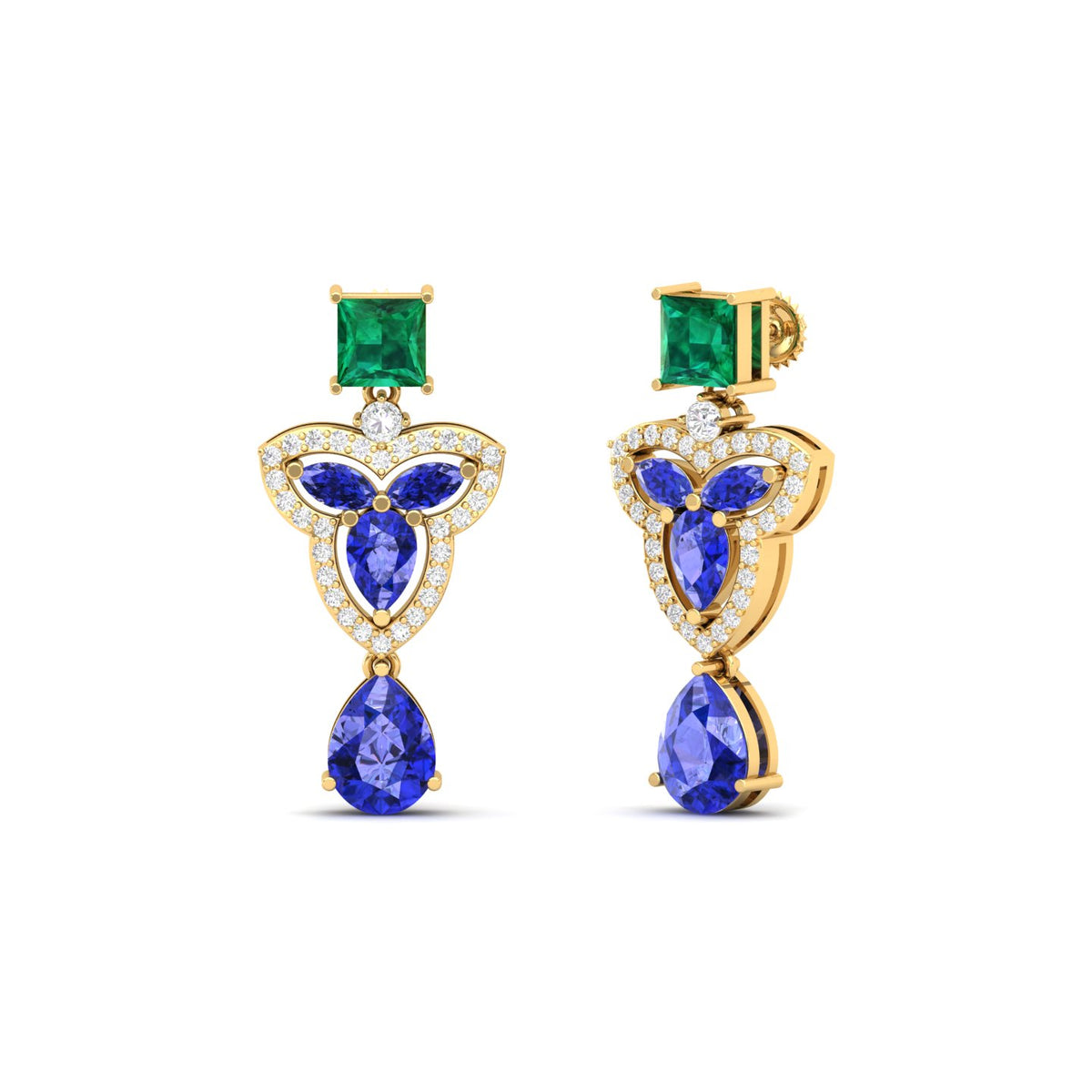 Maurya Water Moss Tanzanite Drop Earrings with Emerald and Diamonds