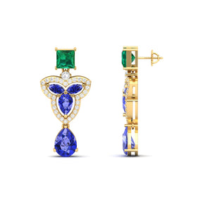 Maurya Water Moss Tanzanite Drop Earrings with Emerald and Diamonds