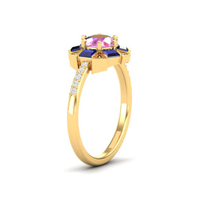 Maurya Spiritual Center Pink Amethyst Halo Engagement Ring with Diamond and Sapphire
