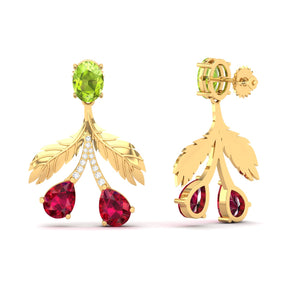 Maurya Plum Cluster Peridot Drop Earrings with Ruby and Diamonds