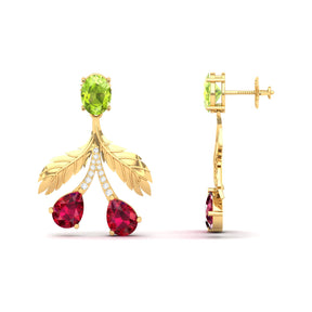 Maurya Plum Cluster Peridot Drop Earrings with Ruby and Diamonds