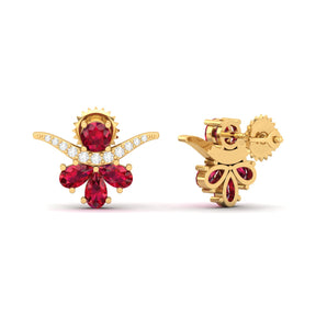Maurya Bull Horn Ruby Push Back Earrings with Diamonds