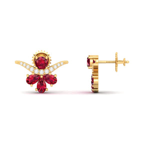 Maurya Bull Horn Ruby Push Back Earrings with Diamonds