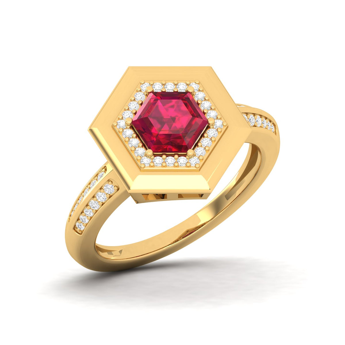 Maurya Honeydew Hexagon Solitaire Ruby Engagement Ring with Diamond Halo