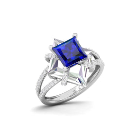 Maurya Color in Water Blue Sapphire Split Shank Engagement Ring with Diamonds