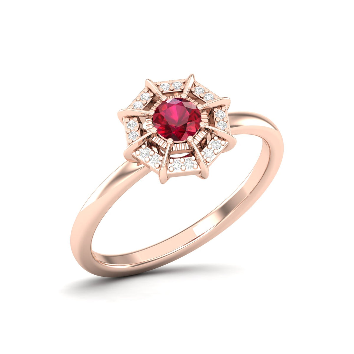 Maurya Solitaire Ruby Light in the Dark Promise Ring with Diamond Halo