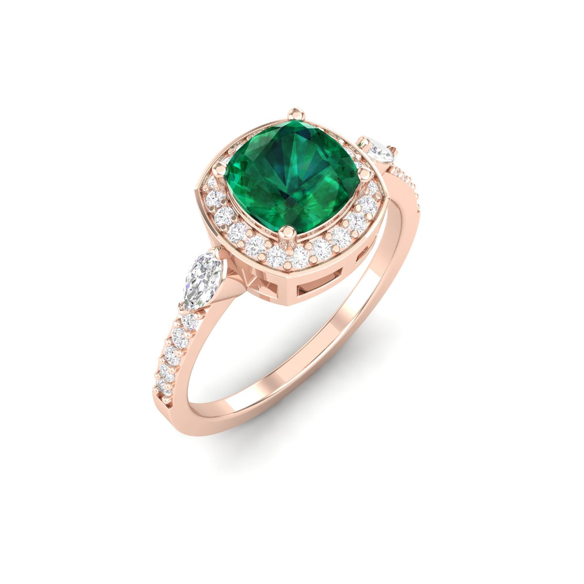 Maurya Victoria Solitaire Cushion Emerald Engagement Ring with Diamond Halo