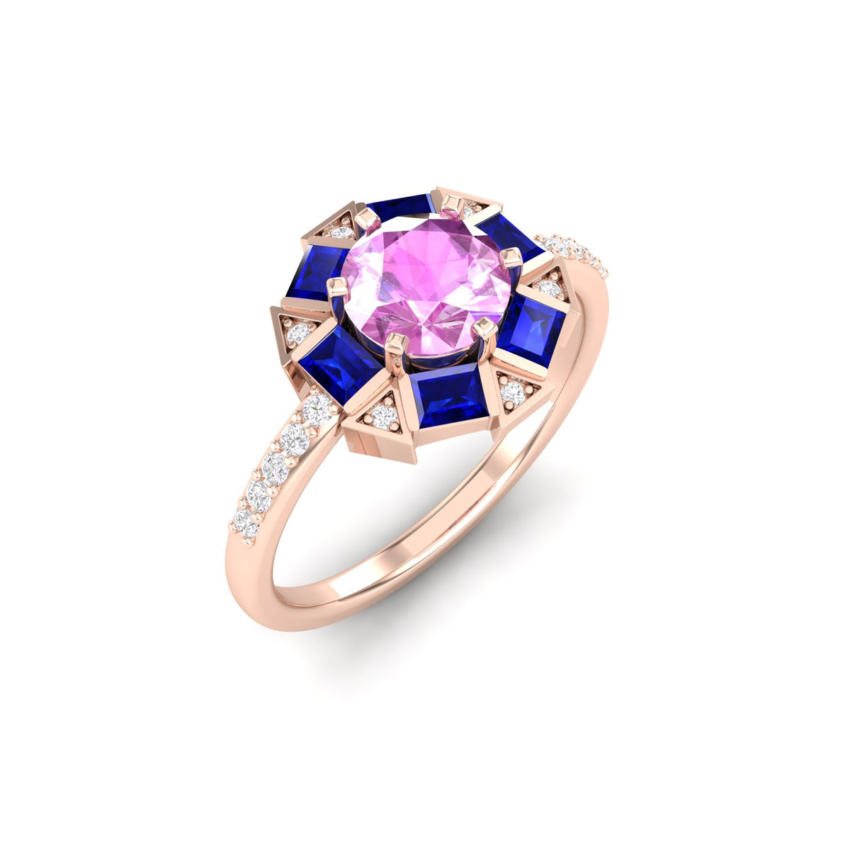Maurya Spiritual Center Pink Amethyst Halo Engagement Ring with Diamond and Sapphire