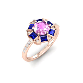 Maurya Spiritual Center Pink Amethyst Halo Engagement Ring with Diamond and Sapphire