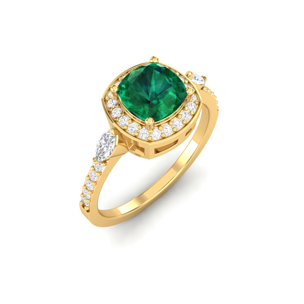 Maurya Victoria Solitaire Cushion Emerald Engagement Ring with Diamond Halo