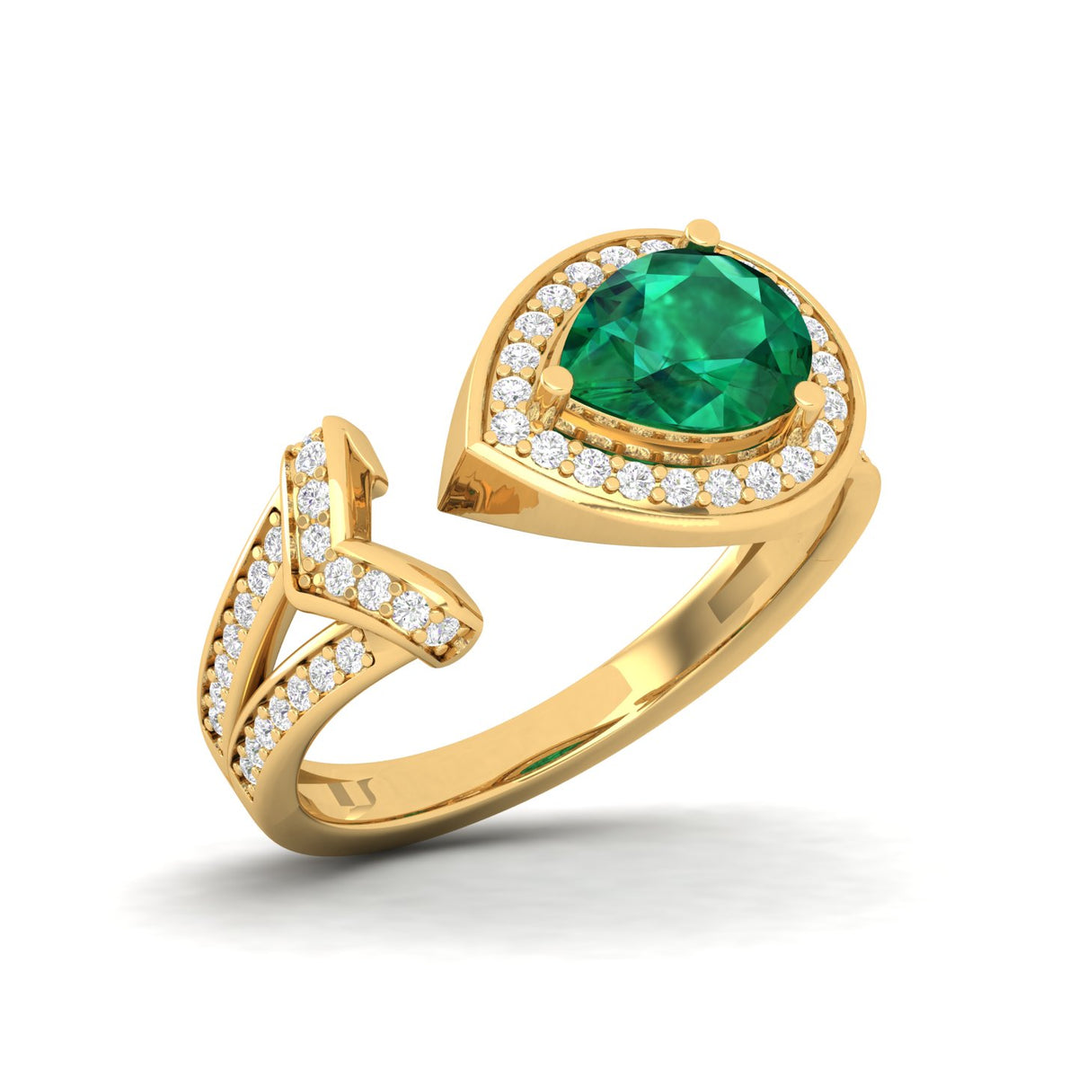 Maurya Pear Emerald Open Living Leaf Engagement Ring with Diamond Halo