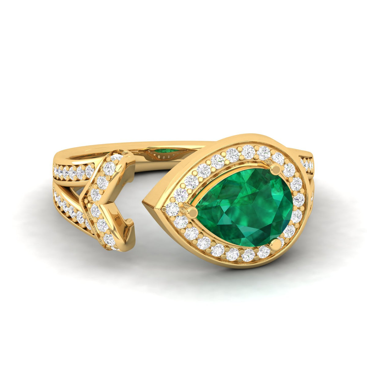 Maurya Pear Emerald Open Living Leaf Engagement Ring with Diamond Halo