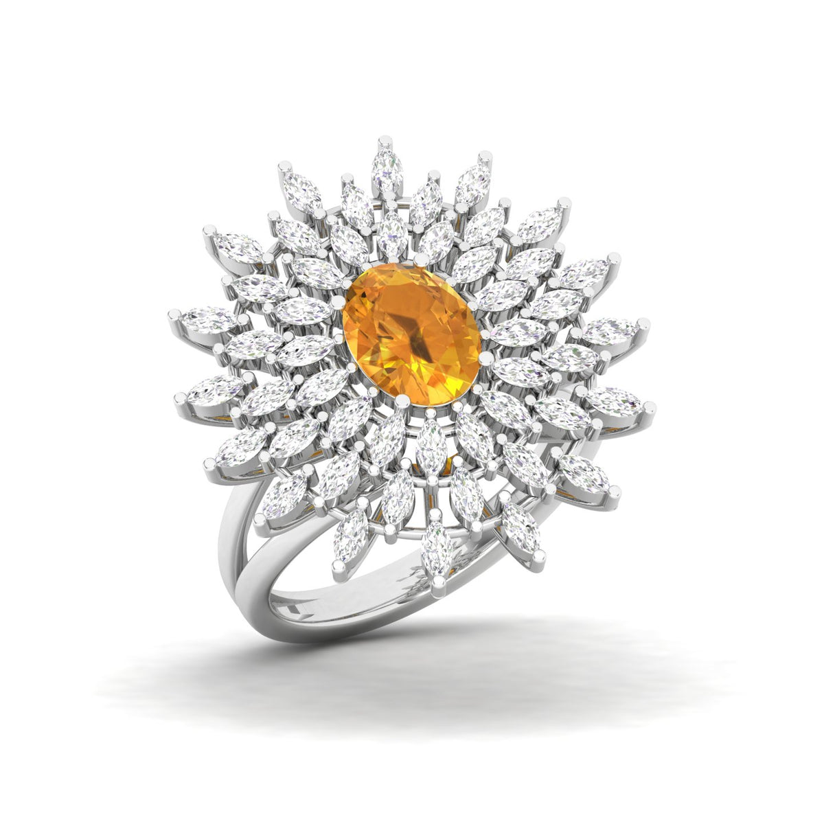 Maurya Solitaire Citrine Sunflower Cocktail Ring with Marquise Diamonds