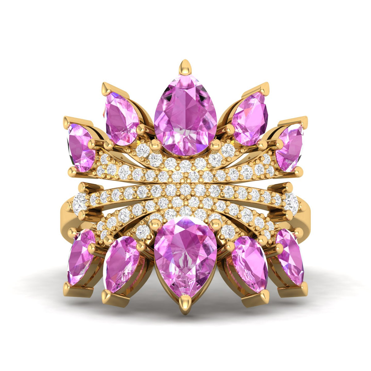 Maurya Graduated Pink Amethyst Lotus Cocktail Ring with Accent Diamonds