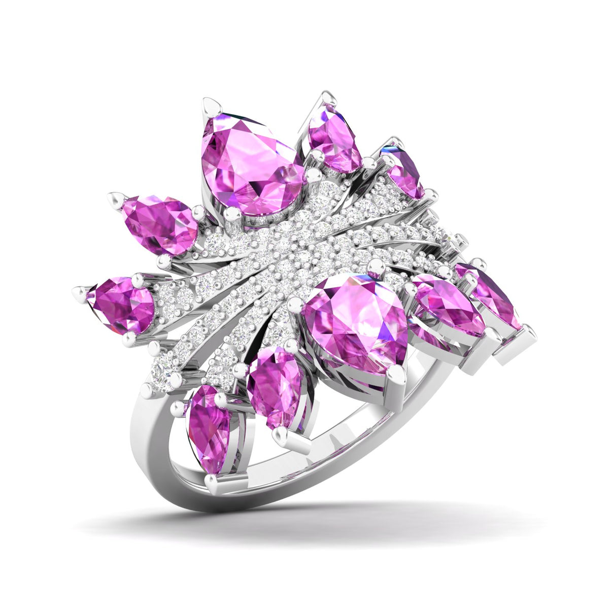 Maurya Graduated Pink Amethyst Lotus Cocktail Ring with Accent Diamonds