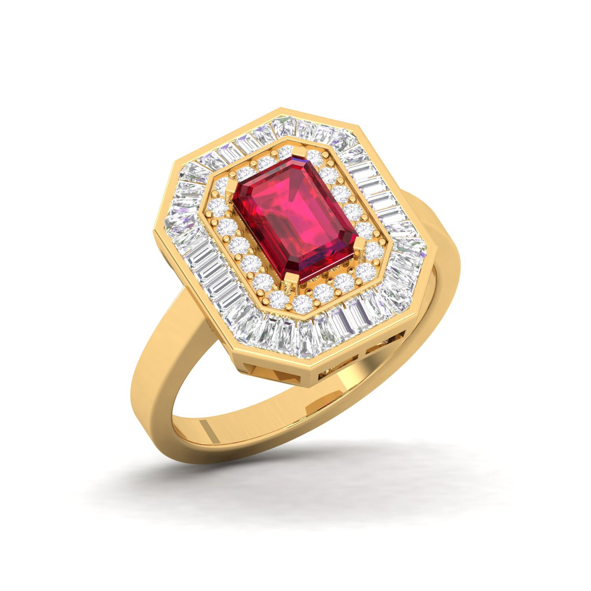 Maurya Recherche Octagon Ruby Engagement Ring with Diamond Halo