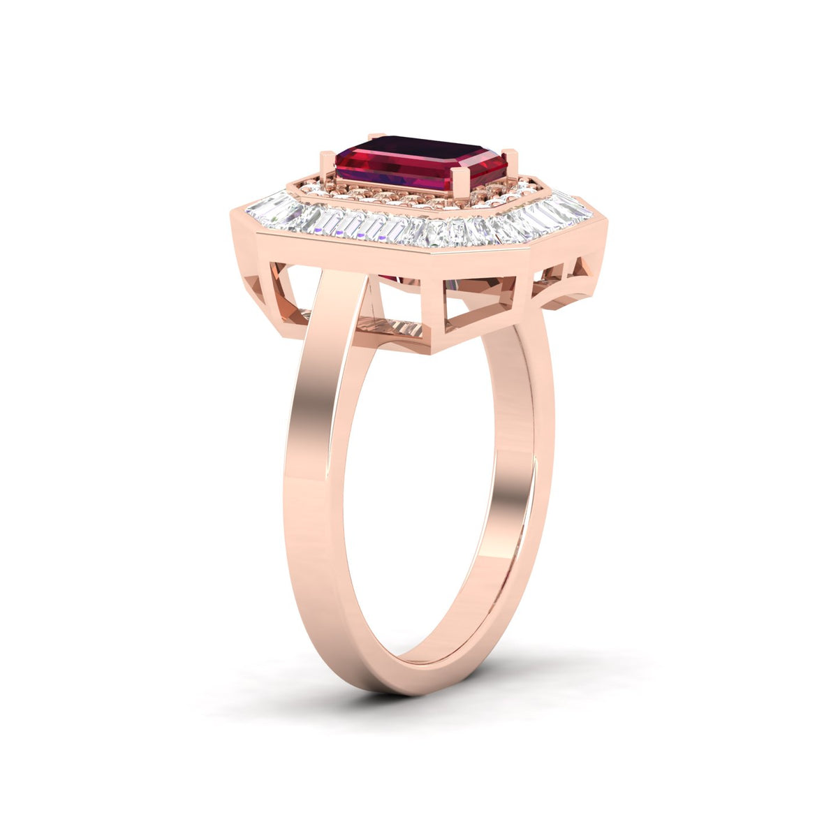 Maurya Recherche Octagon Ruby Engagement Ring with Diamond Halo