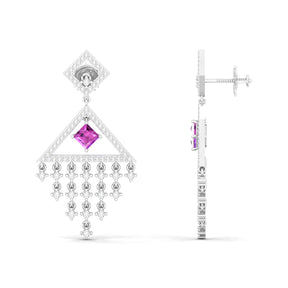 Maurya Brillar Pink Amethyst Dangle Earrings with Diamonds