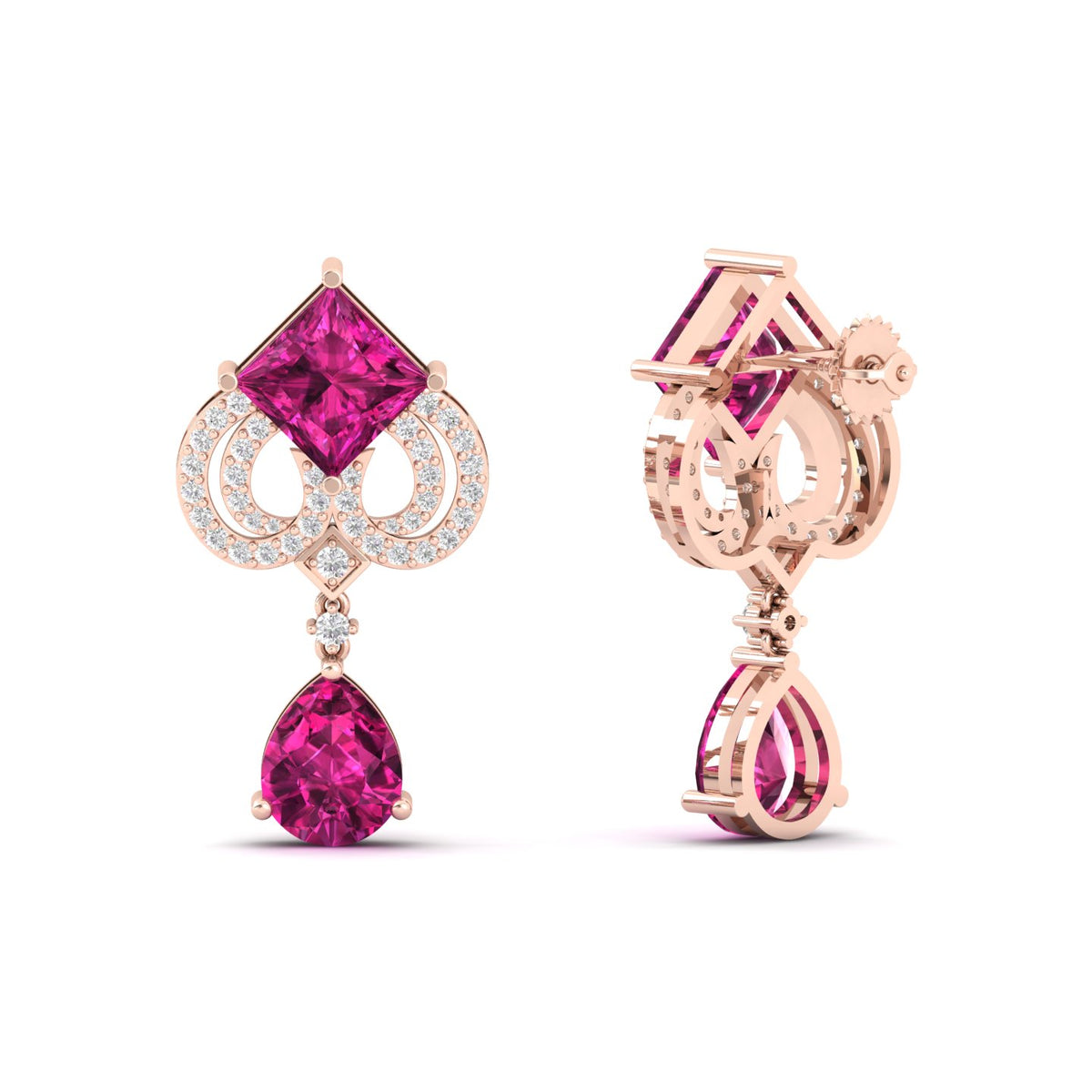 Maurya Pink Amethyst High Symbol Drop Earrings with Diamonds