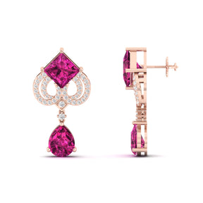 Maurya Pink Amethyst High Symbol Drop Earrings with Diamonds