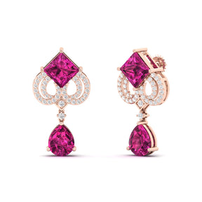 Maurya Pink Amethyst High Symbol Drop Earrings with Diamonds