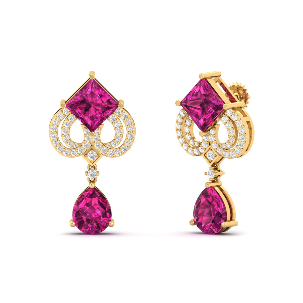 Maurya Pink Amethyst High Symbol Drop Earrings with Diamonds