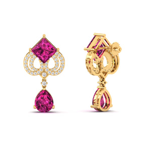 Maurya Pink Amethyst High Symbol Drop Earrings with Diamonds