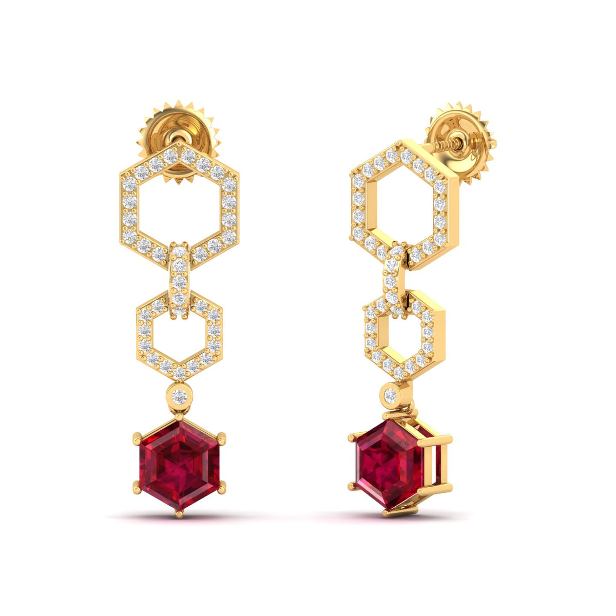 Maurya Matrix Dangle Earrings with Hexagon Ruby and Diamonds