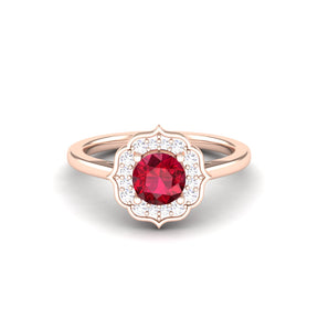 Maurya Round Ruby Hot Flower Engagement Ring with Diamond Halo
