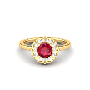 Maurya Round Ruby Hot Flower Engagement Ring with Diamond Halo