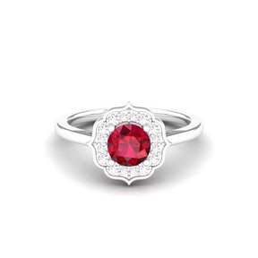 Maurya Round Ruby Hot Flower Engagement Ring with Diamond Halo