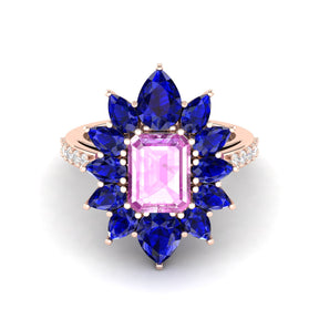 Maurya Solitaire Pink Amethyst Big Pollen Engagement Ring with Sapphire Halo