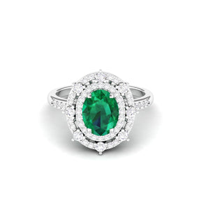 Maurya Oval Emerald Strain Tribe Engagement Ring with Diamond Halo