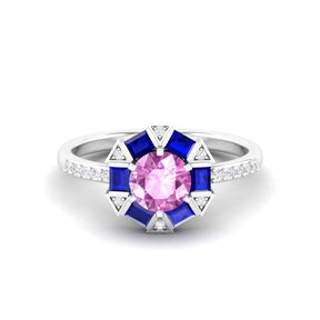 Maurya Spiritual Center Pink Amethyst Halo Engagement Ring with Diamond and Sapphire