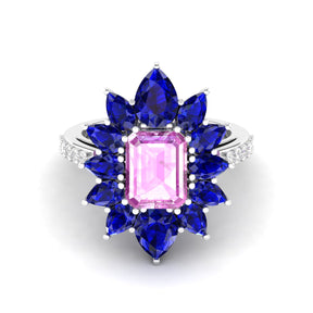 Maurya Solitaire Pink Amethyst Big Pollen Engagement Ring with Sapphire Halo