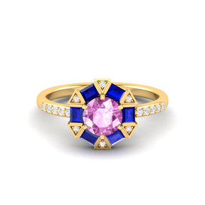 Maurya Spiritual Center Pink Amethyst Halo Engagement Ring with Diamond and Sapphire